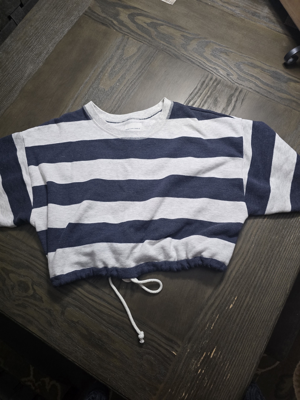 American Eagle Outfitters Navy & Light Gray Striped Drawstring Crop Sweatshirt